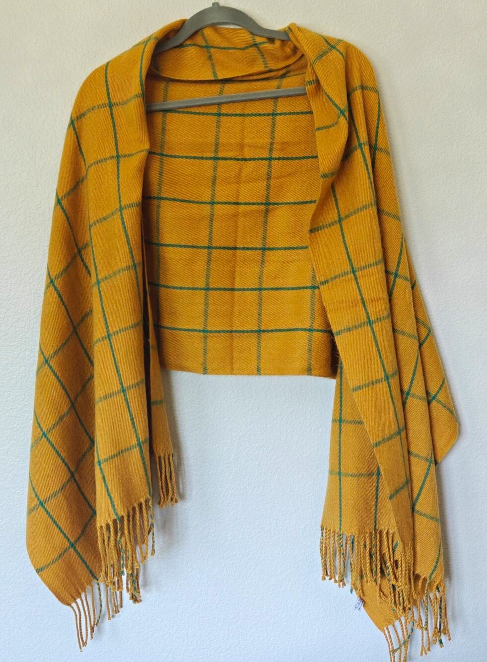 Top It Off Acrylic Scarf Wrap Shawl Fringe Yellow Green Plaid One Size